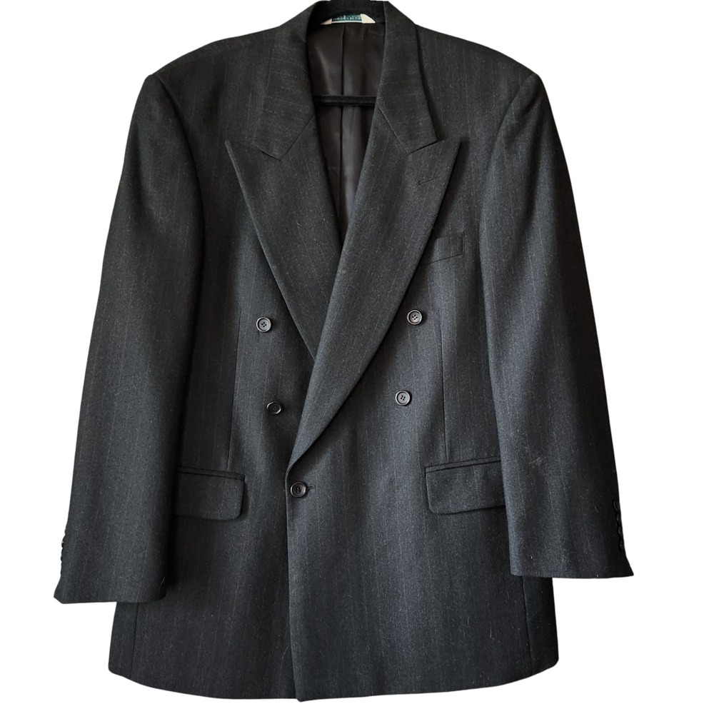 Vintage Evan-Picone Double-Breasted Suit Jacket 42R Black Dark Grey Thin Stripes